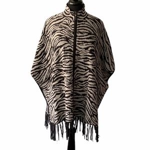 Christian Siriano Zebra Animal Print Sweater Poncho Cape Fringe Cardigan NWOT